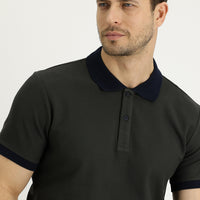 Medium Khaki Polo Collar Slim Fit Narrow Cut Patterned Cotton T-shirt