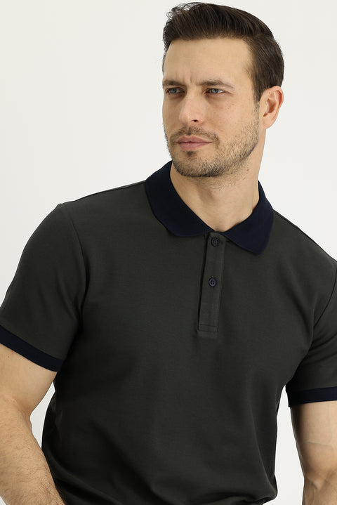 Medium Khaki Polo Collar Slim Fit Narrow Cut Patterned Cotton T-shirt