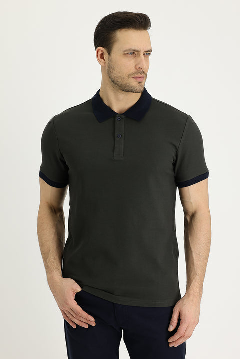 Medium Khaki Polo Collar Slim Fit Narrow Cut Patterned Cotton T-shirt