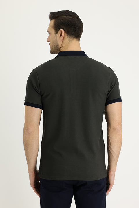 Medium Khaki Polo Collar Slim Fit Narrow Cut Patterned Cotton T-shirt