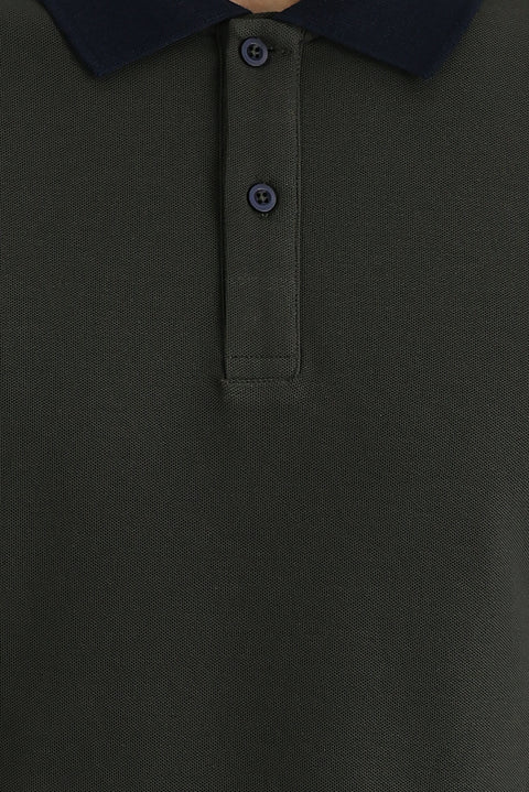 Medium Khaki Polo Collar Slim Fit Narrow Cut Patterned Cotton T-shirt