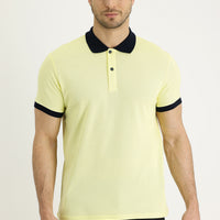 Light Yellow Polo Collar Slim Fit Narrow Cut Patterned Cotton T-shirt