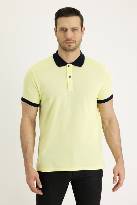 Light Yellow Polo Collar Slim Fit Narrow Cut Patterned Cotton T-shirt