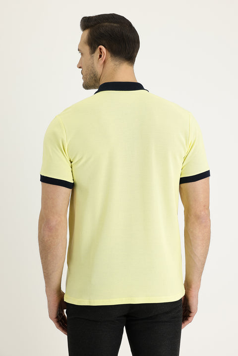 Light Yellow Polo Collar Slim Fit Narrow Cut Patterned Cotton T-shirt