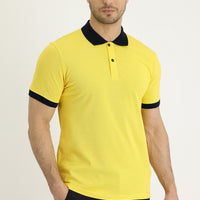 Lemon Yellow Polo Collar Slim Fit Narrow Cut Patterned Cotton T-shirt