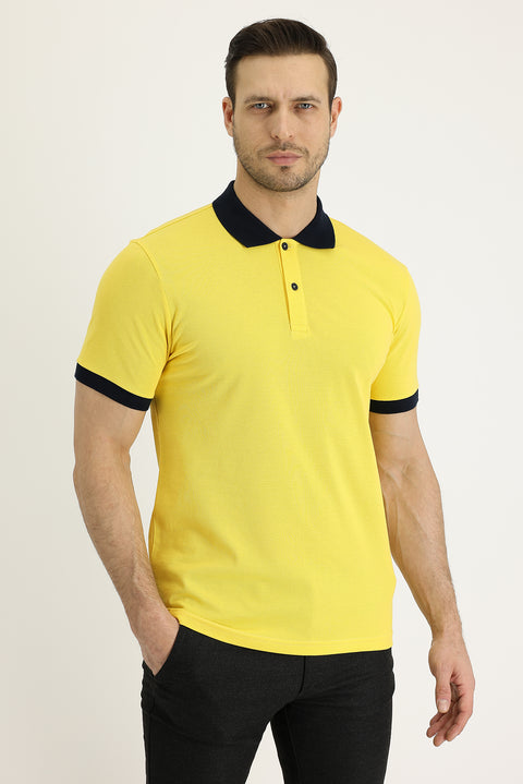 Lemon Yellow Polo Collar Slim Fit Narrow Cut Patterned Cotton T-shirt