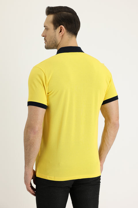Lemon Yellow Polo Collar Slim Fit Narrow Cut Patterned Cotton T-shirt