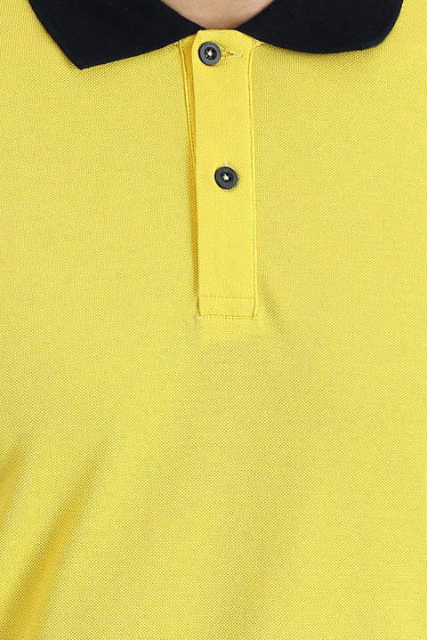 Lemon Yellow Polo Collar Slim Fit Narrow Cut Patterned Cotton T-shirt