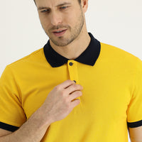 Neon Sarı Polo Yaka Slim Fit Dar Kesim Desenli Pamuk Tişört