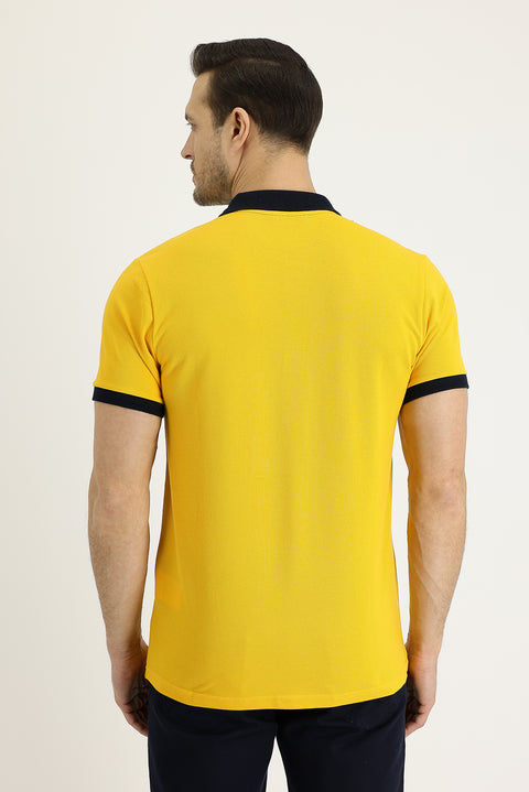 Neon Sarı Polo Yaka Slim Fit Dar Kesim Desenli Pamuk Tişört