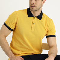 Dark Yellow Polo Collar Slim Fit Narrow Cut Patterned Cotton T-shirt