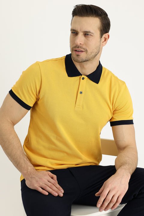Dark Yellow Polo Collar Slim Fit Narrow Cut Patterned Cotton T-shirt