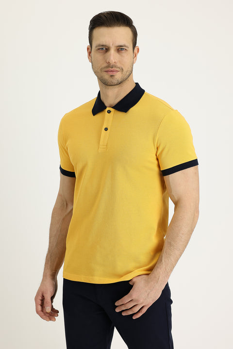 Dark Yellow Polo Collar Slim Fit Narrow Cut Patterned Cotton T-shirt
