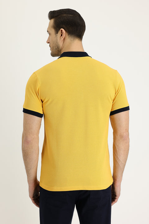 Dark Yellow Polo Collar Slim Fit Narrow Cut Patterned Cotton T-shirt