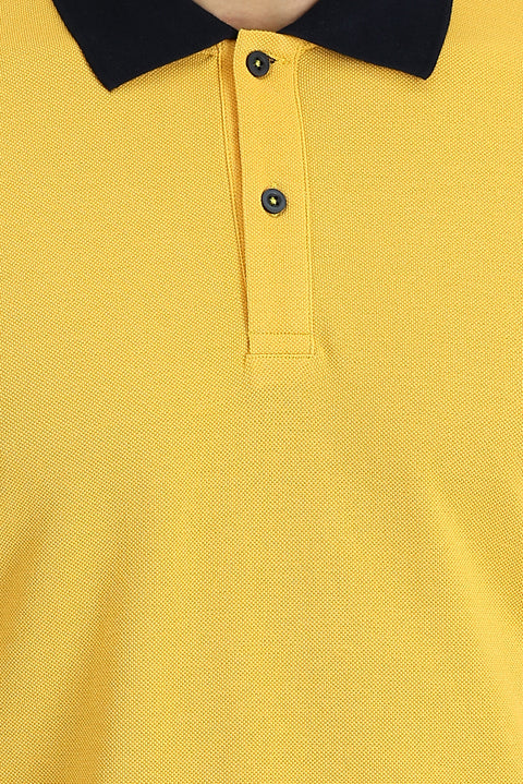 Dark Yellow Polo Collar Slim Fit Narrow Cut Patterned Cotton T-shirt