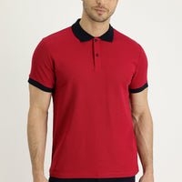 Light Burgundy Polo Collar Slim Fit Narrow Cut Patterned Cotton T-shirt
