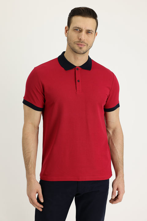 Light Burgundy Polo Collar Slim Fit Narrow Cut Patterned Cotton T-shirt