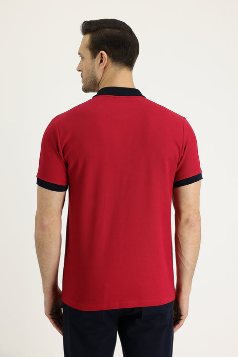 Light Burgundy Polo Collar Slim Fit Narrow Cut Patterned Cotton T-shirt