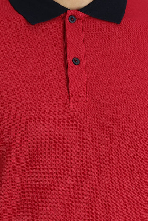Light Burgundy Polo Collar Slim Fit Narrow Cut Patterned Cotton T-shirt