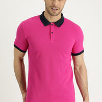 Fuchsia Polo Collar Slim Fit Narrow Cut Patterned Cotton T-shirt