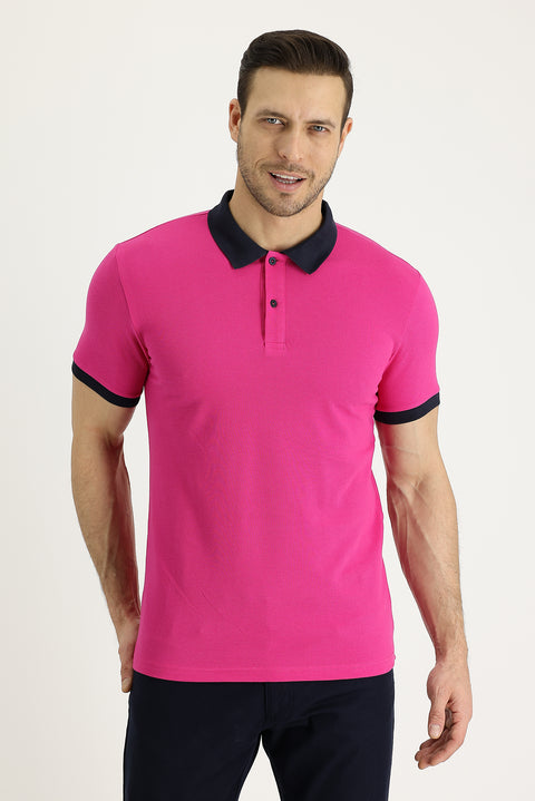 Fuchsia Polo Collar Slim Fit Narrow Cut Patterned Cotton T-shirt