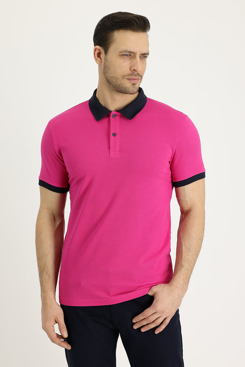 Fuchsia Polo Collar Slim Fit Narrow Cut Patterned Cotton T-shirt