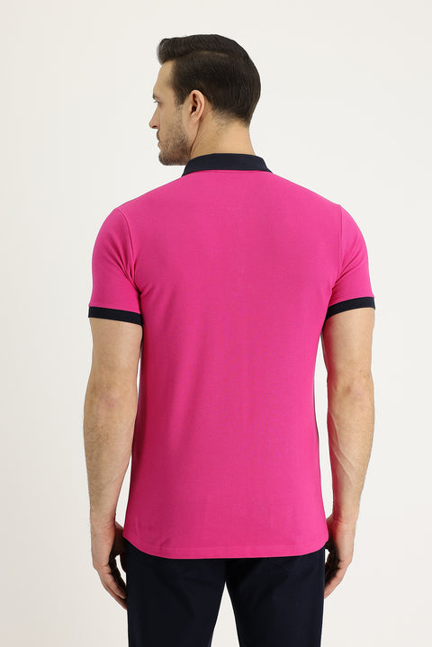 Fuchsia Polo Collar Slim Fit Narrow Cut Patterned Cotton T-shirt