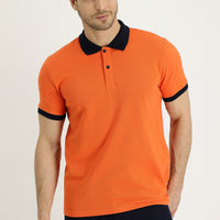 Medium Orange Polo Collar Slim Fit Narrow Cut Patterned Cotton T-shirt