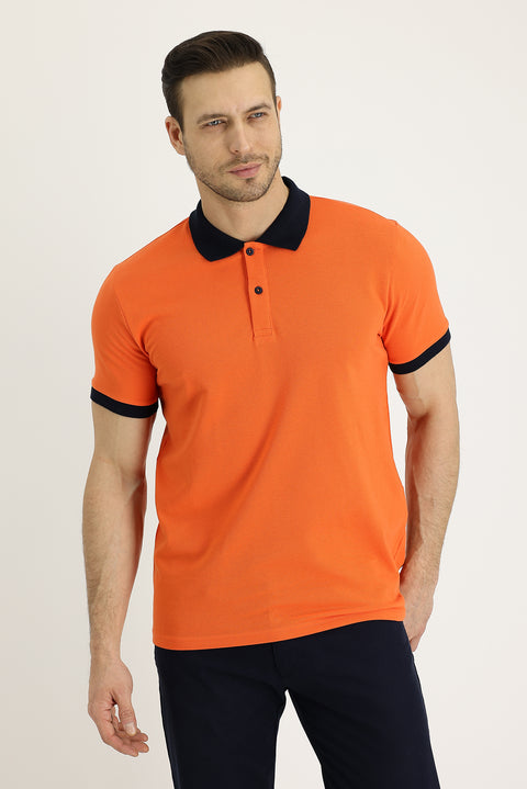 Medium Orange Polo Collar Slim Fit Narrow Cut Patterned Cotton T-shirt
