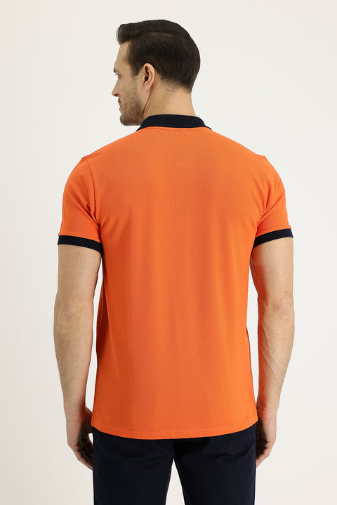 Medium Orange Polo Collar Slim Fit Narrow Cut Patterned Cotton T-shirt