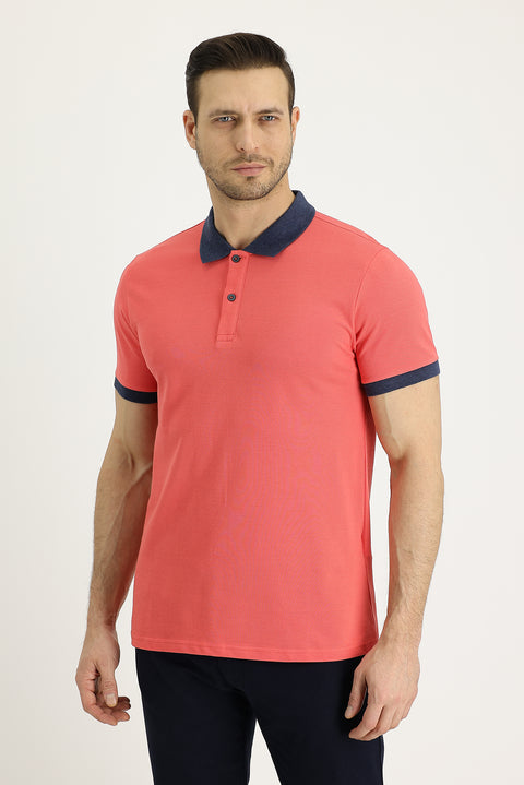 Dark Pomegranate Red Polo Collar Slim Fit Narrow Cut Patterned Cotton T-shirt