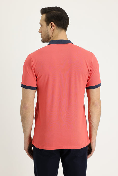 Dark Pomegranate Red Polo Collar Slim Fit Narrow Cut Patterned Cotton T-shirt