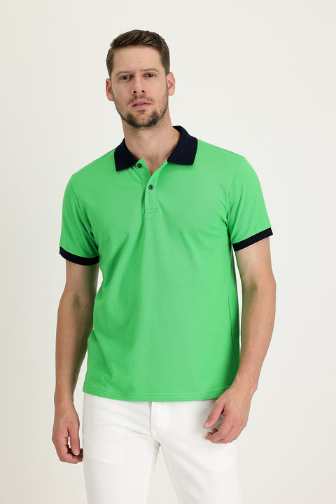 Çağla Yeşili Polo Yaka Slim Fit Dar Kesim Desenli Pamuk Tişört