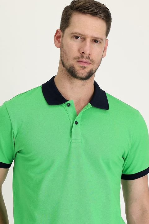 Çağla Yeşili Polo Yaka Slim Fit Dar Kesim Desenli Pamuk Tişört