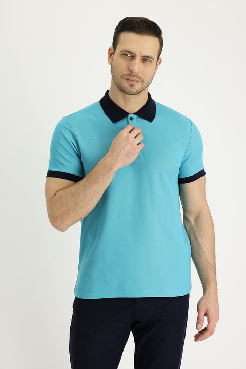 Emerald Green Polo Collar Slim Fit Patterned Cotton T-shirt