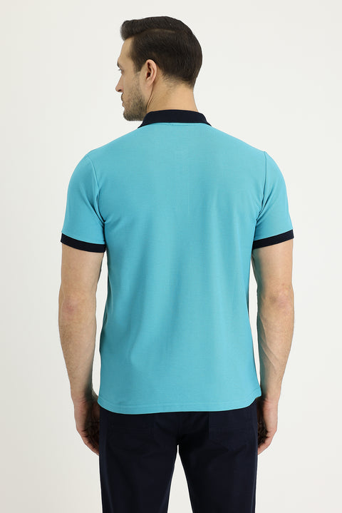 Emerald Green Polo Collar Slim Fit Patterned Cotton T-shirt