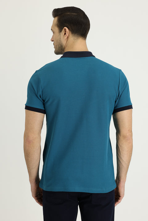 Zümrüt Yeşili Melanj Polo Yaka Slim Fit Dar Kesim Desenli Pamuk Tişört