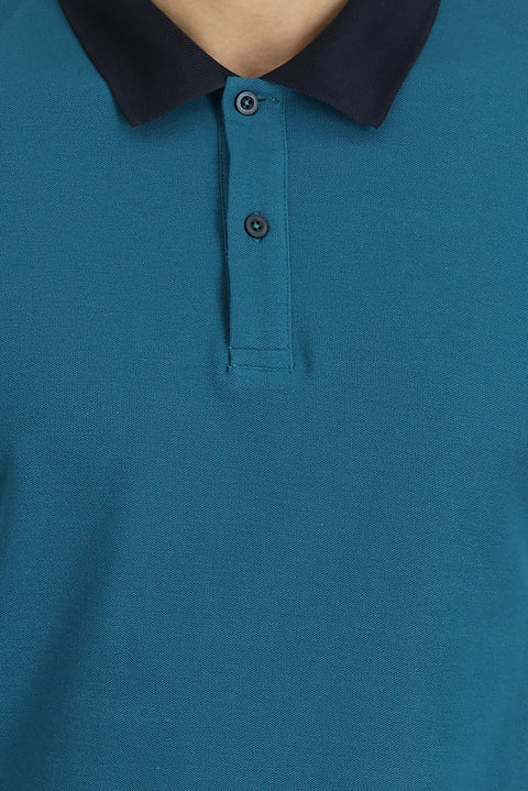 Zümrüt Yeşili Melanj Polo Yaka Slim Fit Dar Kesim Desenli Pamuk Tişört