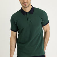 Dark Green Polo Collar Slim Fit Patterned Cotton T-Shirt