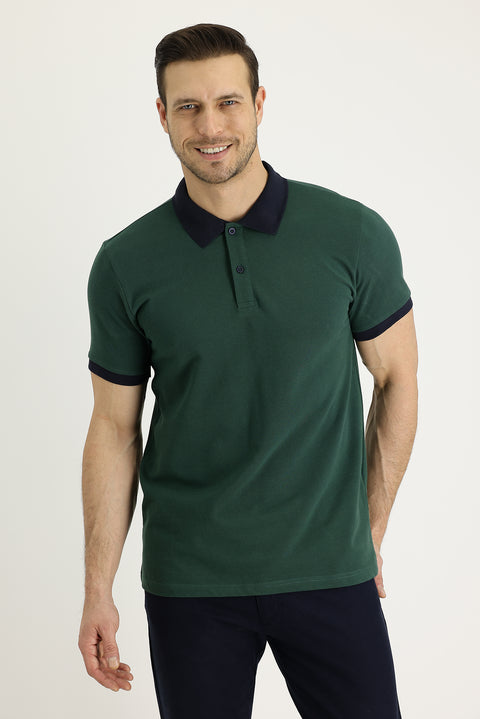 Dark Green Polo Collar Slim Fit Patterned Cotton T-Shirt