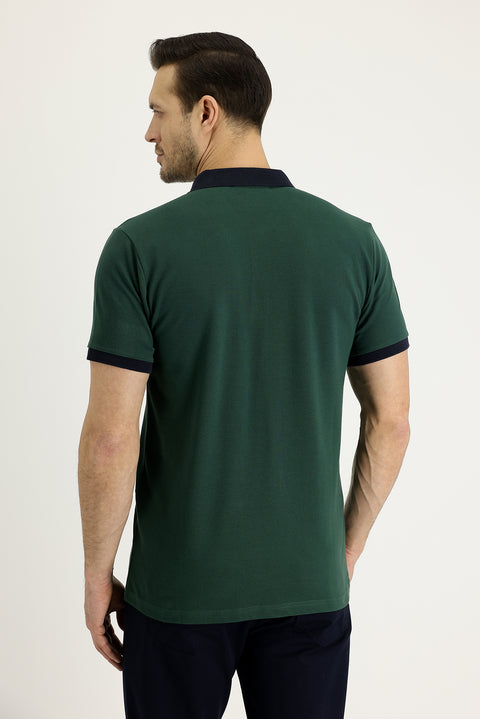Dark Green Polo Collar Slim Fit Patterned Cotton T-Shirt