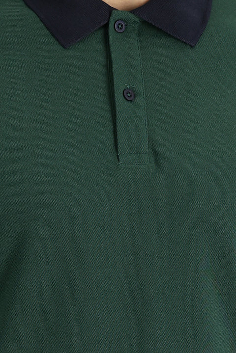 Dark Green Polo Collar Slim Fit Patterned Cotton T-Shirt