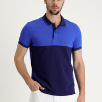 Navy Blue Polo Collar Slim Fit Narrow Cut Patterned Cotton T-shirt