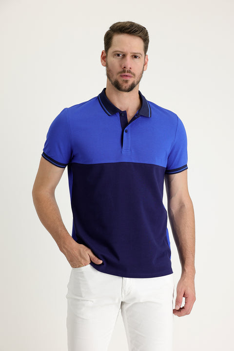 Navy Blue Polo Collar Slim Fit Narrow Cut Patterned Cotton T-shirt