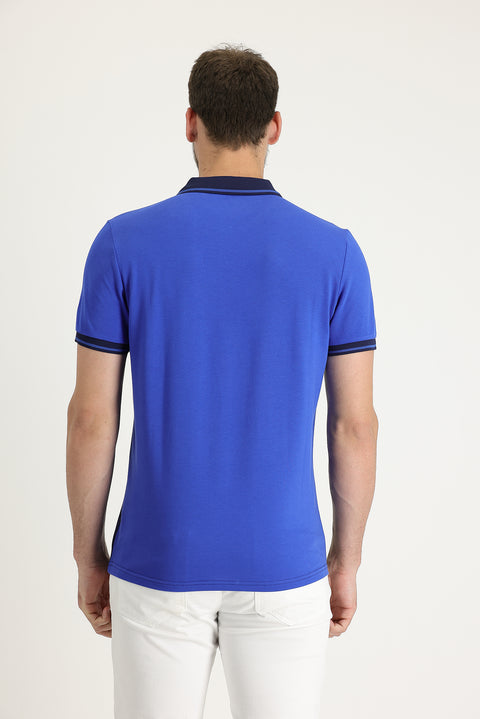 Navy Blue Polo Collar Slim Fit Narrow Cut Patterned Cotton T-shirt