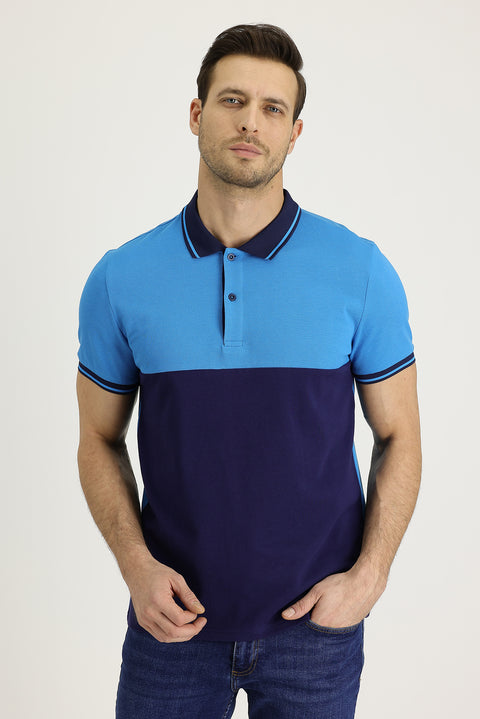 Koyu Mavi  Polo Yaka Slim Fit Dar Kesim Desenli Pamuk Tişört