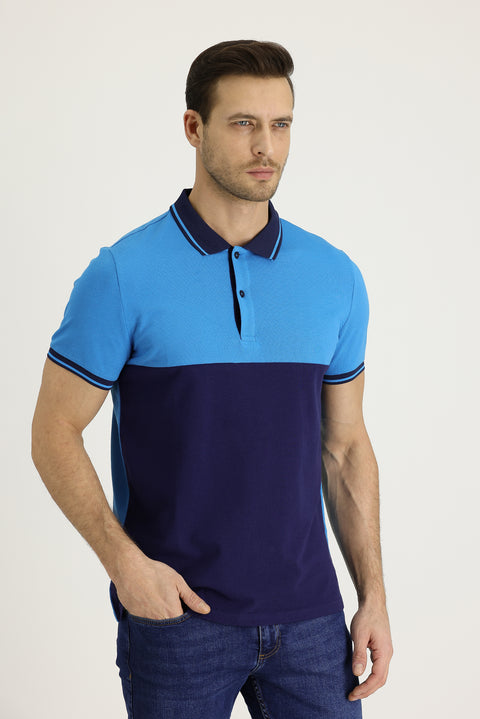 Koyu Mavi  Polo Yaka Slim Fit Dar Kesim Desenli Pamuk Tişört