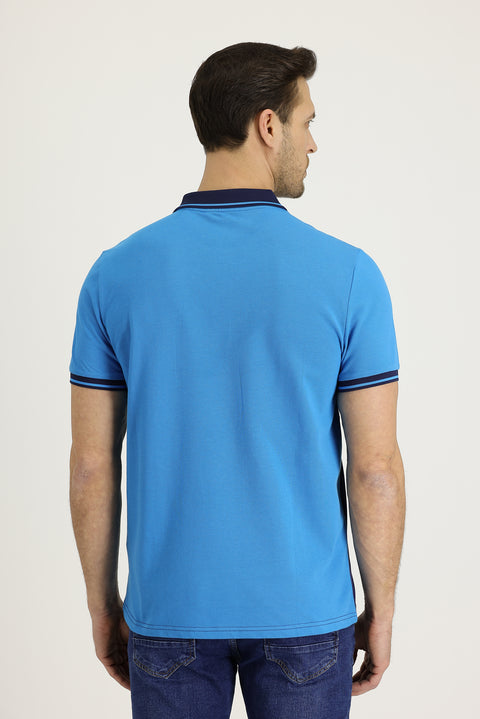Koyu Mavi  Polo Yaka Slim Fit Dar Kesim Desenli Pamuk Tişört