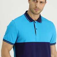 Blue Polo Collar Patterned Cotton T-shirt