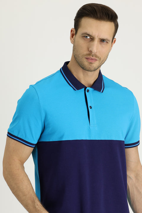 Blue Polo Collar Patterned Cotton T-shirt